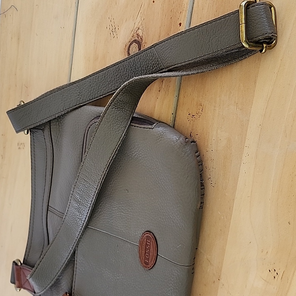 Fossil Morgan Pebbled Leather Traveler Crossbody Bag Purse Satchel Grey Green - Picture 12 of 12